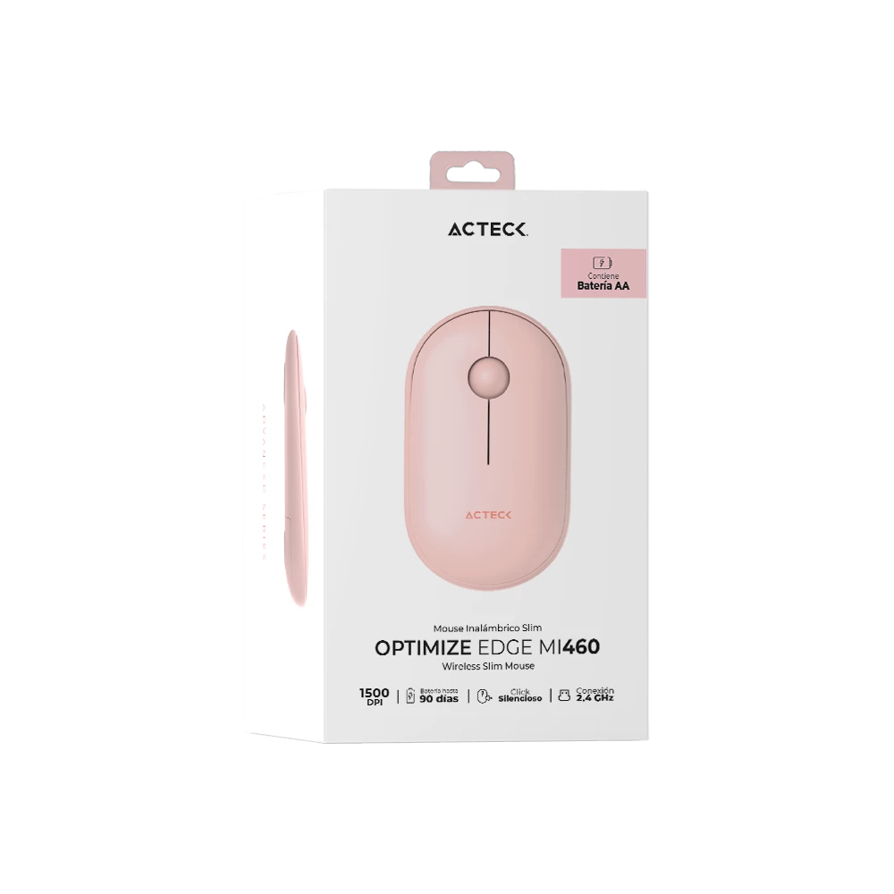 Mouse Ultra Delgado | Optimize Edge MI460 | Inalámbrico + 2.4 GHz + 1600 DPI + 2 Botones + 1xBat AA Incluida | Advanced | Rosa