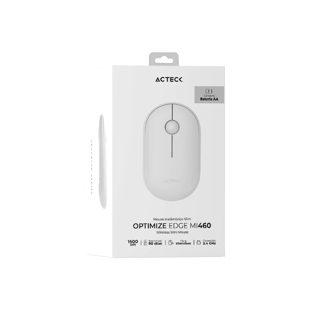 Mouse Ultra Delgado | Optimize Edge MI460 | Inalámbrico + 2.4 GHz + 1600 DPI + 2 Botones + 1xBat AA Incluida | Advanced | Blanco