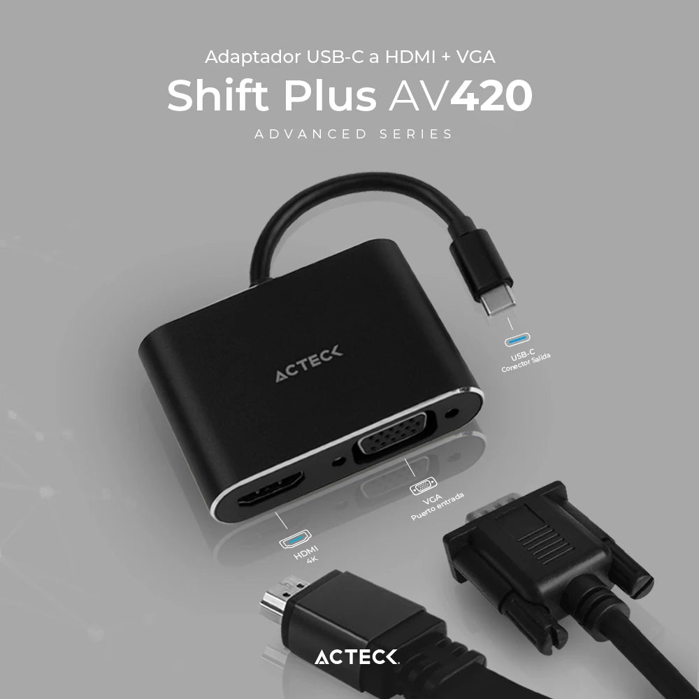 Adaptador USB C a HDMI + VGA | Shift Plus AV420 | 2 en 1 Para Video Hasta 4k