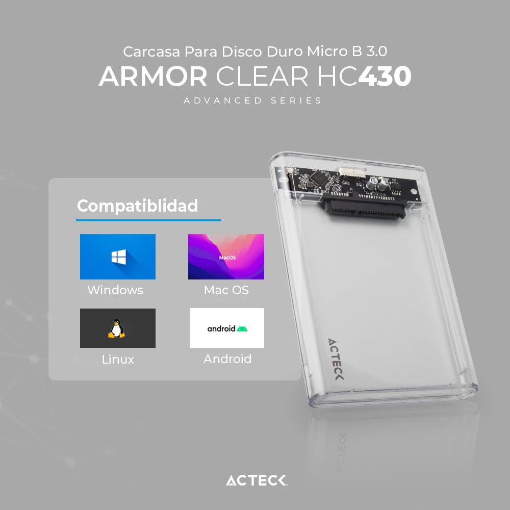 Enclosure HDD | Armor Clear HC430 | USB Micro B + SATA + 2 TB + USB A 3.0 + 5 Gbps de Velocidad + Tool less