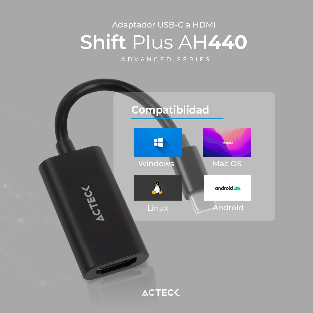 Adaptador USB C a HDMI | Shift Plus AH440 | Para Video Hasta 4k Macho a Hembra |  Advanced Series Negro