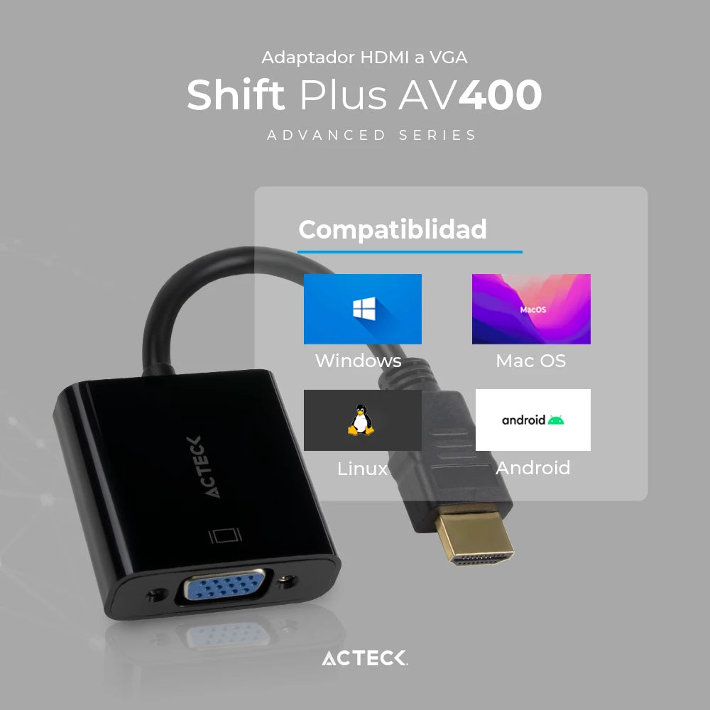 Adaptador HDMI a VGA | Shift Plus AV400 | para Video Macho a Hembra |  Advanced Series Negro