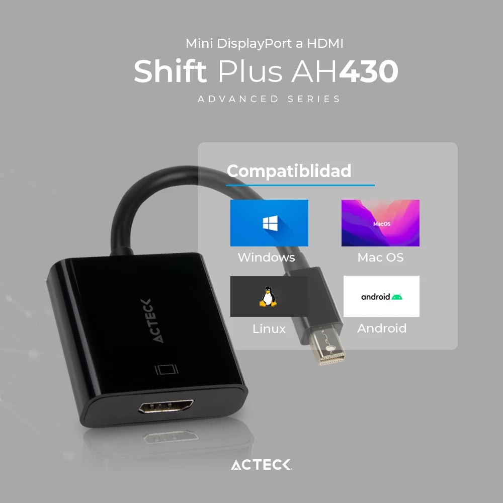 Adaptador Mini DisplayPort a HDMI |  Shift Plus AH430 | Para Video Hasta 4k Macho a Hembra | Advanced Series Negro