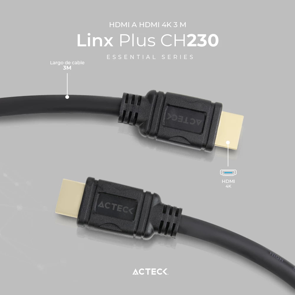 Cable HDMI a HDMI | Linx Plus 230 | 3m + High Speed 10.2 Gbps + ARC + Ethernet + Calibre 32 AWG 4K + 3D + 2160p + Macho a Macho | Essential Series Negro