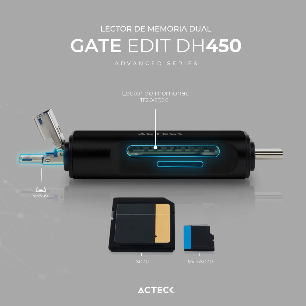 Lector USB A/USB C/MicroUSB | Gate Edit DH450 | Ultra Portátil SD + Micro SD y TF