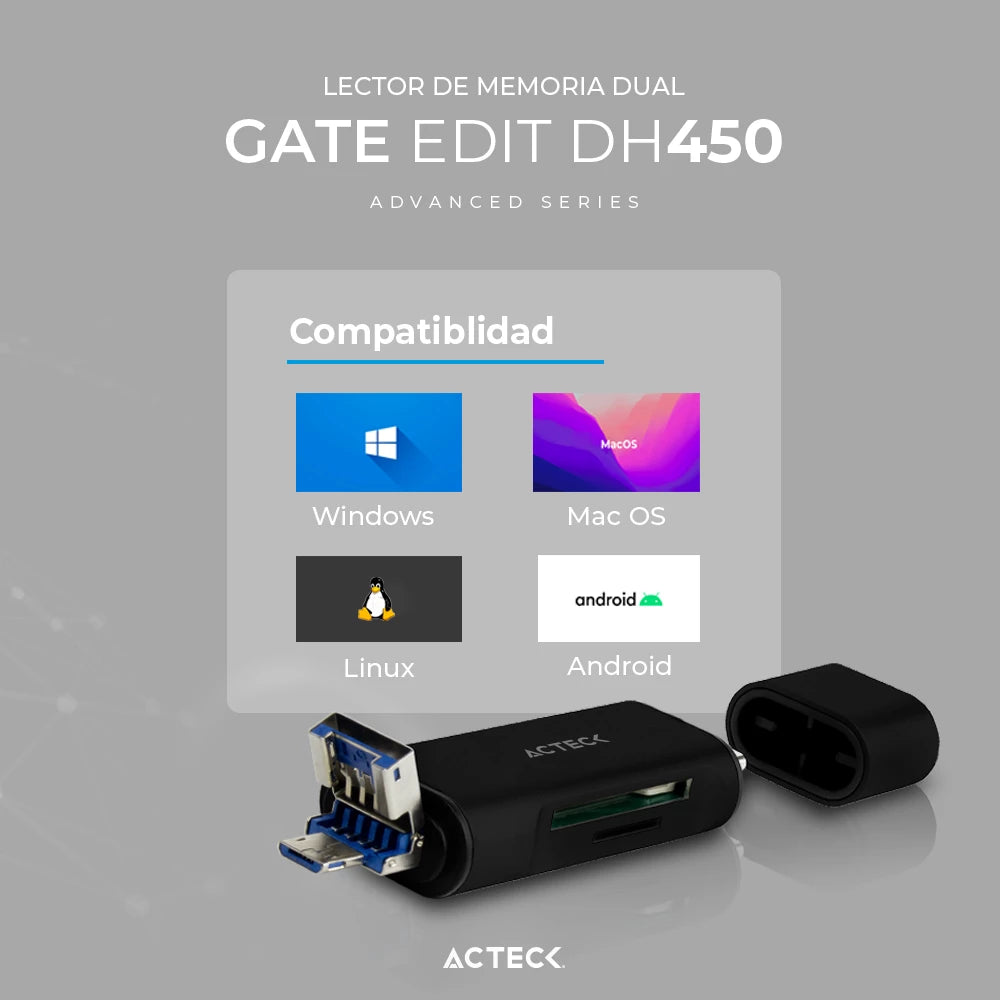Lector USB A/USB C/MicroUSB | Gate Edit DH450 | Ultra Portátil SD + Micro SD y TF