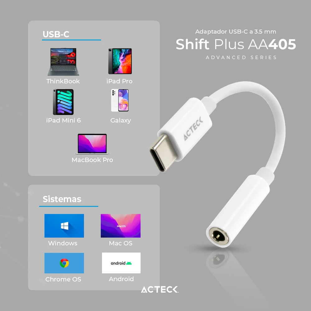 Adaptador USB C a Jack 3.5mm | Shift Plus AA405 | Para Auriculares Macho a Hembra | Advanced Series Blanco