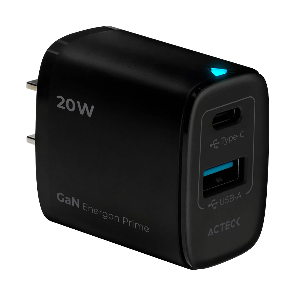 Cargador de Pared | Energon Prime CP420 | con tecnologia GaN Carga Ultra Rapida 20W + 1x USB C PD + 1x USB A | Elite Series | Negro