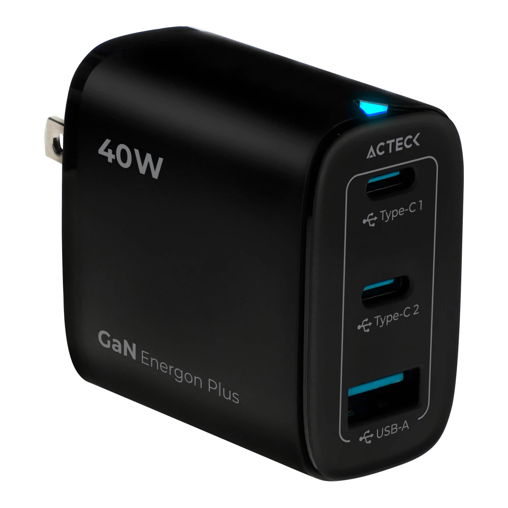 Cargador de Pared | Energon Plus CP440 | con tecnologia GaN Carga Ultra Rapida 38W + 1x USB C PD + 1x USB A | Elite Series | Negro