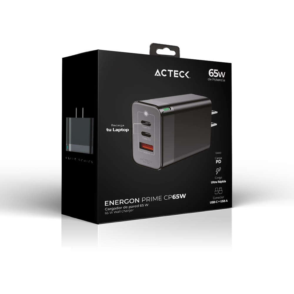 Cargador de Pared | Energon Pro CP665 | con tecnologia GaN Carga Ultra Rapida 65W + 2x USB-C PD + 1x USB A | Elite Series Negro