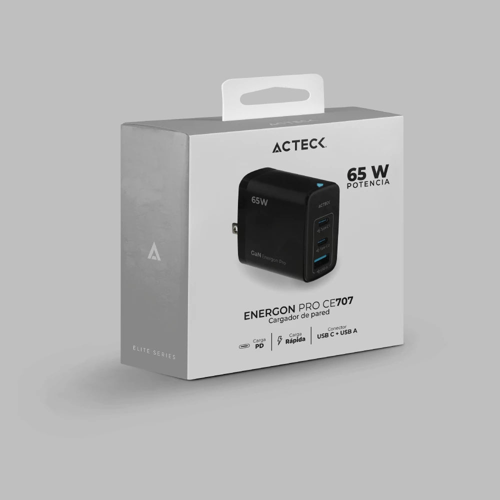 Cargador de Pared | Energon Pro CP665 | Con tecnologia GaN Carga Ultra Rapida 65W + 2x USB-C PD + 1x USB A | Elite Series | Negro