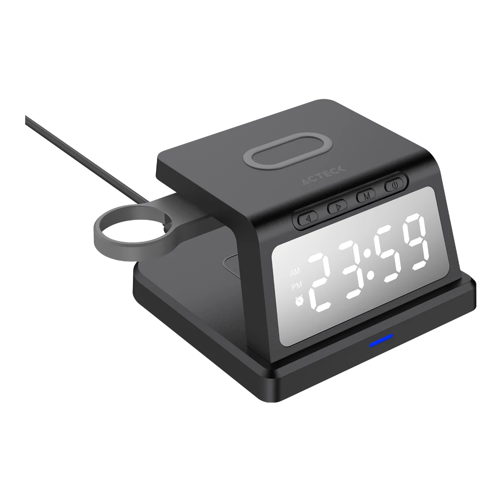 Cargador Inalámbrico Energon S-Mate CI730 3 en 1 con Reloj y Despertador / Para IPhone 15 W, IWatch 3 W y AirPods 5 W / Negro
