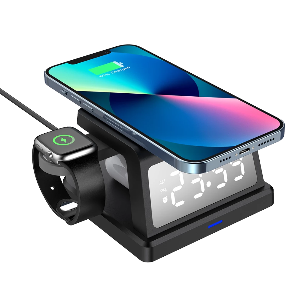 Cargador Inalámbrico Energon S-Mate CI730 3 en 1 con Reloj y Despertador / Para IPhone 15 W, IWatch 3 W y AirPods 5 W / Negro