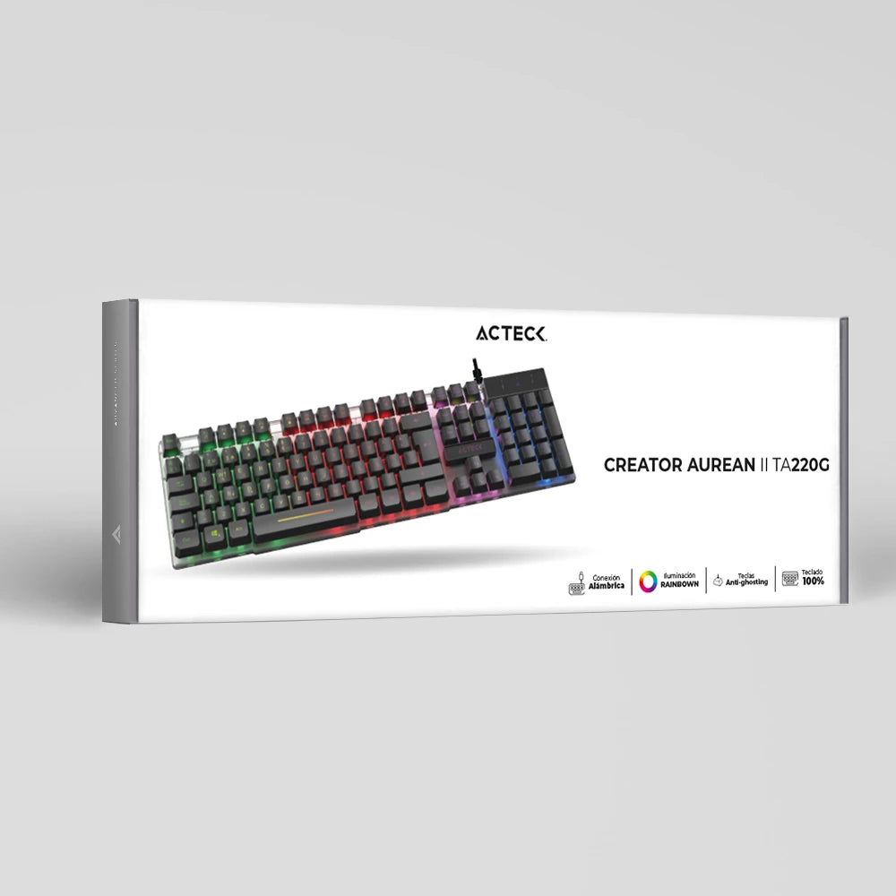 Teclado Diseño Iluminado | Led Aurean II TA220G | Alámbrico Alma Traslucida + Conexión USB A 2.0 de 1.5m | Essential Series | Negro