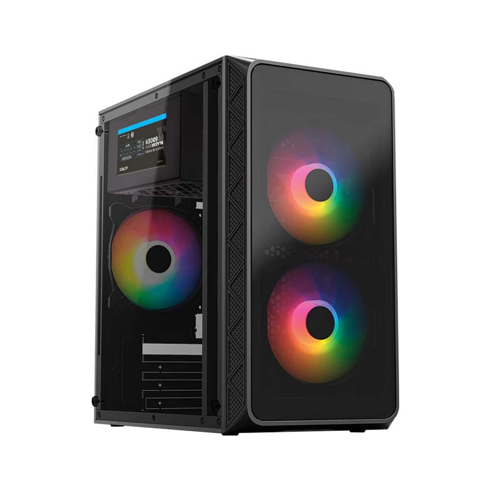 Gabinete Mini Torre | Doom Pro Crystal GI730 | Max MB M-ATX Fuente ATX 600 W | 1x USB 3.0 + 1x USB 2.0 + 3xFan FRGB | Panel Izq Cristal + Frente Cristal | Negro