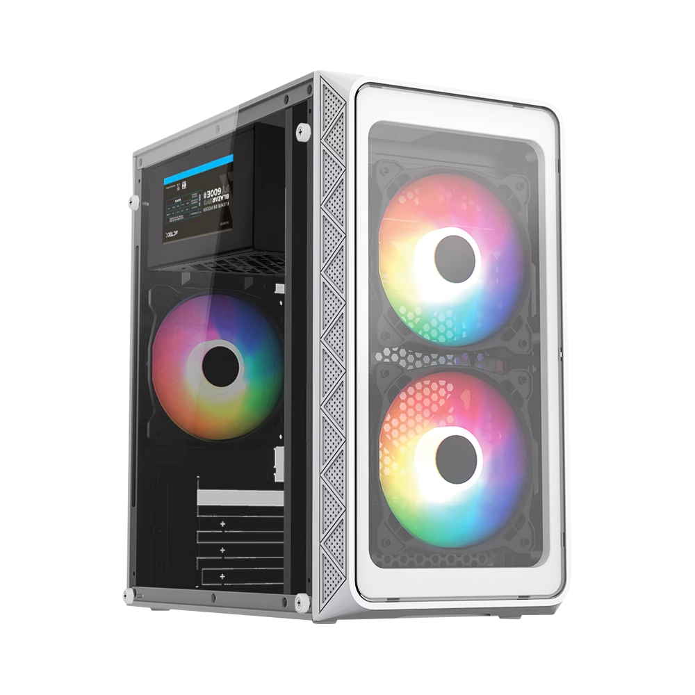 Gabinete Mini Torre | Doom Pro Crystal GI730 | Max MB M-ATX Fuente ATX 600 W | 1x USB 3.0 + 1x USB 2.0 + 3xFan FRGB | Panel Izq Cristal + Frente Cristal | Blanco