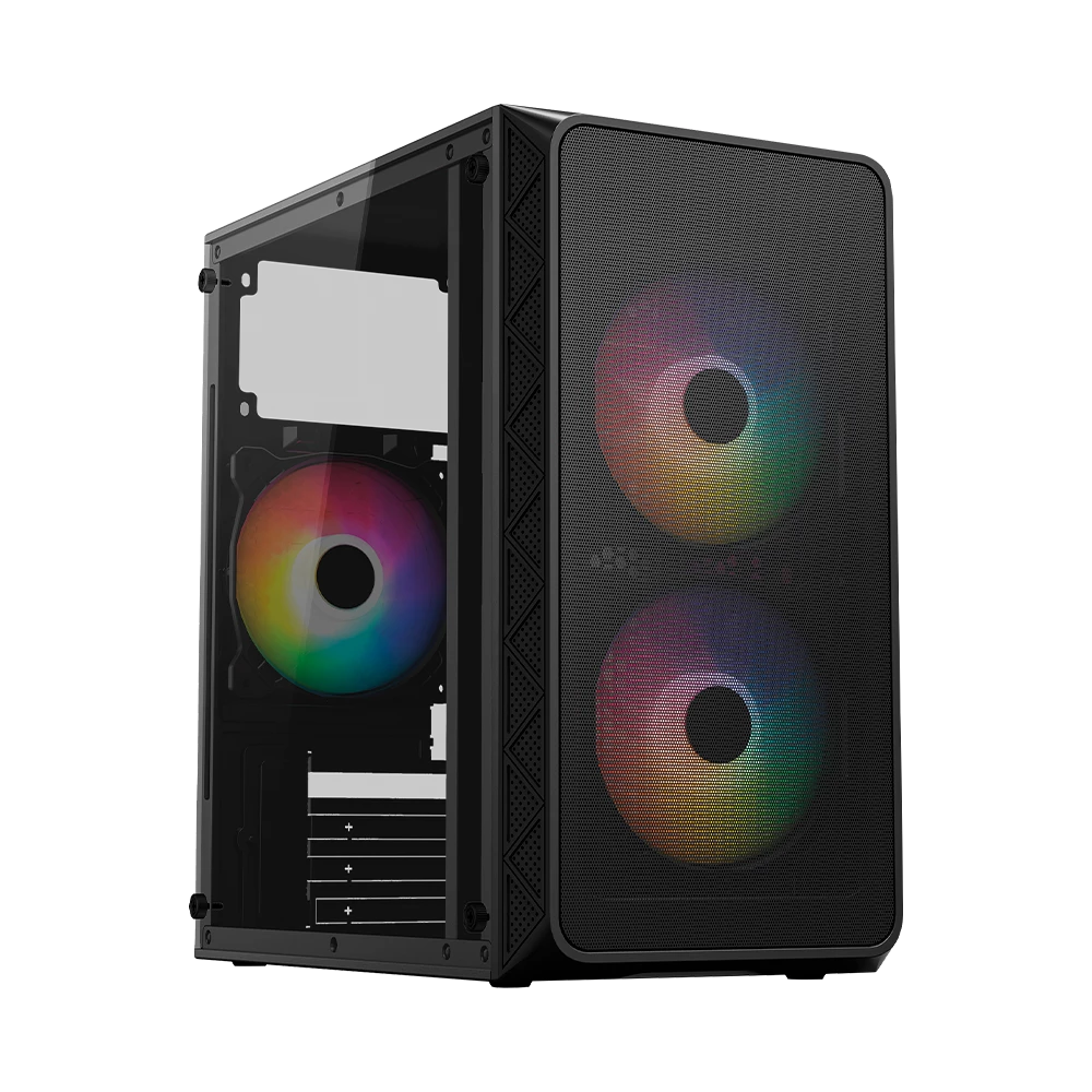 Gabinete Mini Torre | Doom Pro Mesh GI730M | Max MB M-ATX Fuente ATX 600 W | 1x USB 3.0 + 1x USB 2.0 + 3xFan FRGB | Panel Izq Cristal + Frente Mesh | Negro