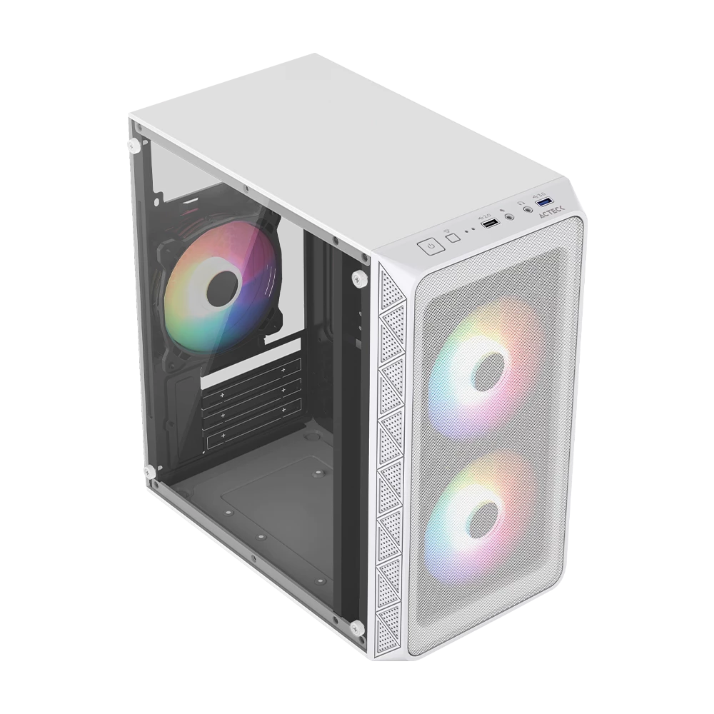 Gabinete Mini Torre | Doom Pro Mesh GI730M | Max MB M-ATX Fuente ATX 600 W | 1x USB 3.0 + 1x USB 2.0 + 3xFan FRGB | Panel Izq Cristal + Frente Mesh | Blanco