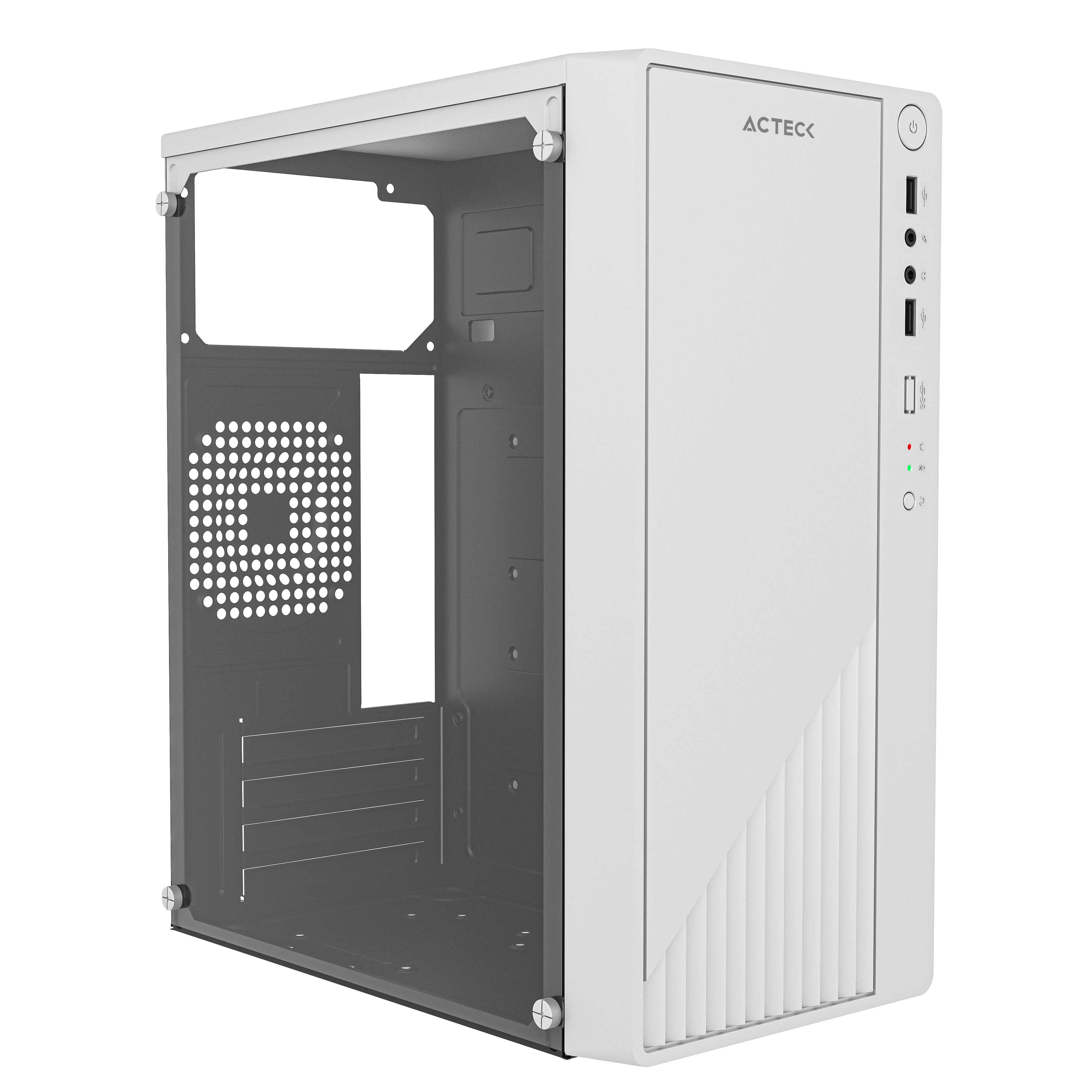 Gabinete Compacto Mini Torre | Kioto GC220 | Max MB M-ATX + Fuente ATX 500 W | 2x USB 2.0 + Panel Izq Acrilico + Frente Solido | Blanco