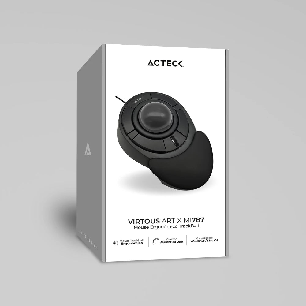 Mouse Ergonómico TrackBall | Virtuos Art X MI787 Alámbrico | Rueda de desplazamiento central + Reposa manos desmontable + Botones avance y retroceso + Conexión USB A | Elite Negro