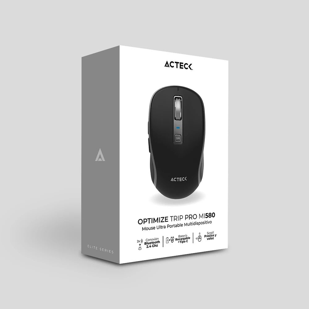 Mouse Ultra Portable Multidispositivo | Optimize Trip Pro MI580 Inalámbrico | 2.4 MHz + Bluetooth | 1600 DPI | 7 Botones | Recargable + USB-C | Elite | Negro