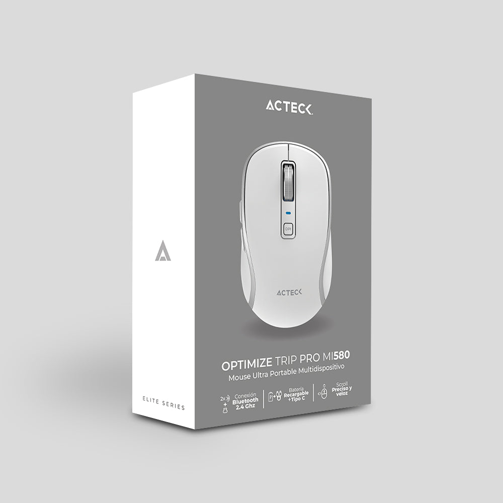 Mouse Ultra Portable Multidispositivo | Optimize Trip Pro MI580 Inalámbrico | 2.4 MHz + Bluetooth | 1600 DPI | 7 Botones | Recargable + USB-C | Elite | Blanco