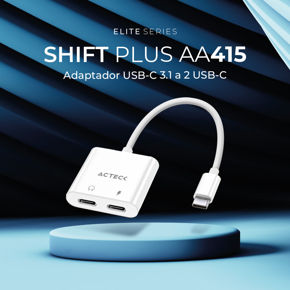 Adaptador USB C 3.1 a 2 USB C | Shift Plus AA415 | Para Audio y Carga simultaneamente | Macho a 2x Hembra | Advanced Series | Blanco