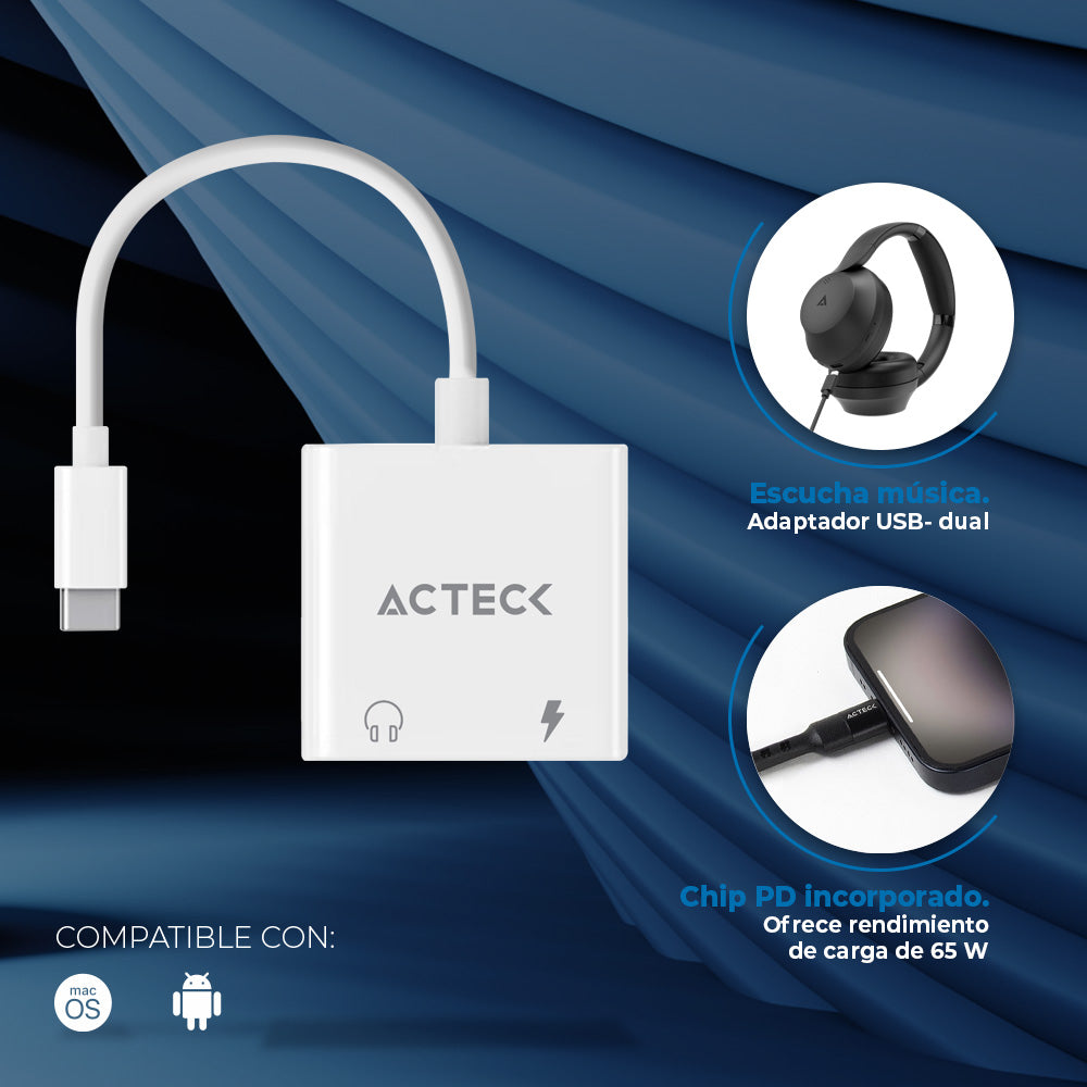 Adaptador USB C 3.1 a 2 USB C | Shift Plus AA415 | Para Audio y Carga simultaneamente | Macho a 2x Hembra | Advanced Series | Blanco