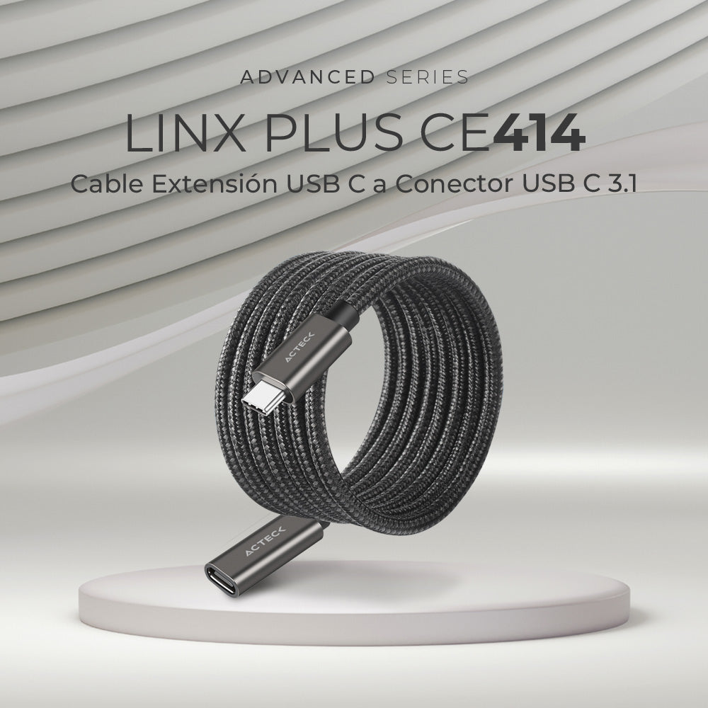 Cable Extencion USB C a Conector USB C V3.0 | Linx Plus CE414 | Carga Ultra Rápida + 60 W + 60 cm Nylon Trenzado + Macho a Hembra | Advanced Series | Negro