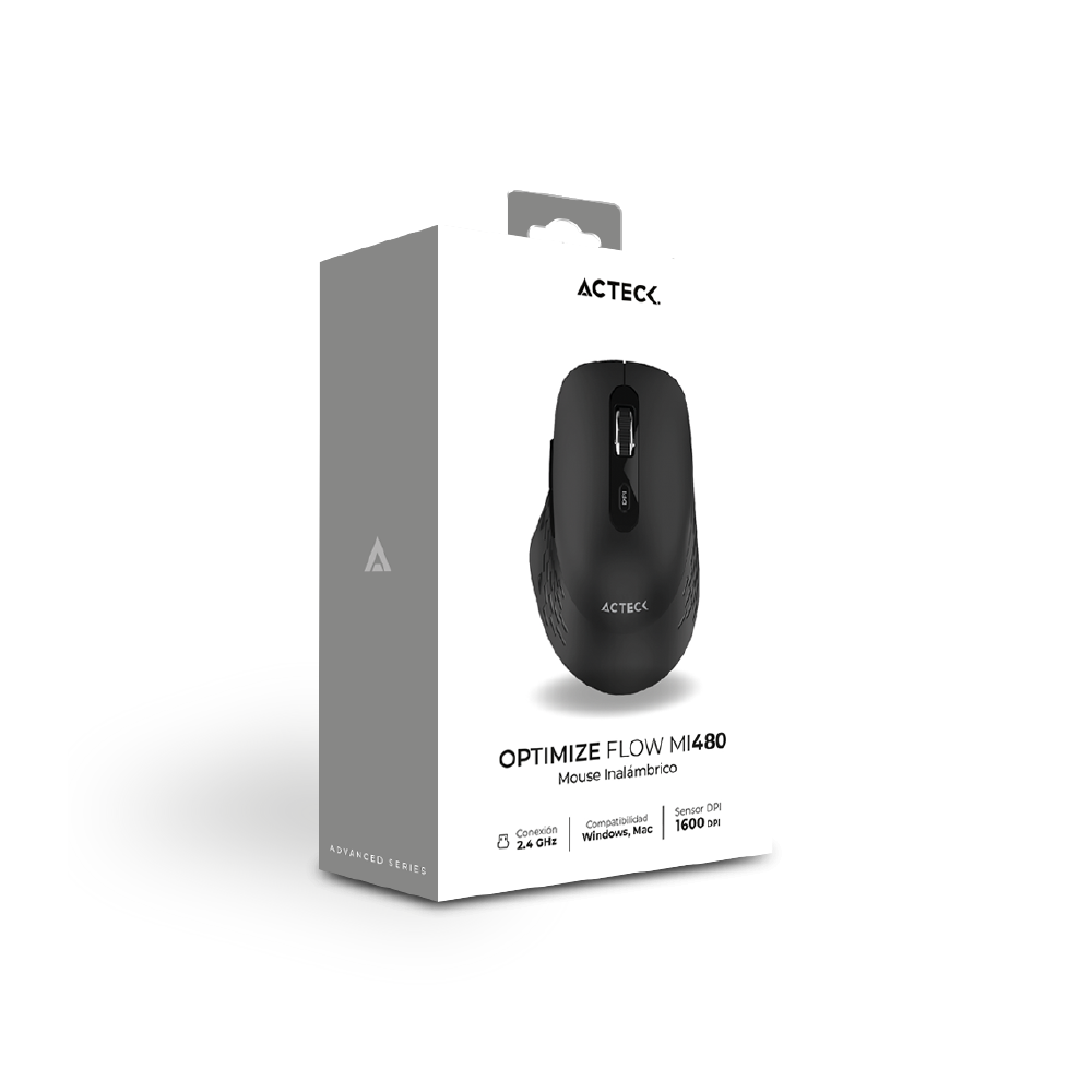 Mouse Confortable y Elegante | Optimize Flow MI480 | Inalámbrico + 2.4 MHz + 1600 DPI + 6 Botones + Batería 2x AAA Incluida | Advanced | Negro