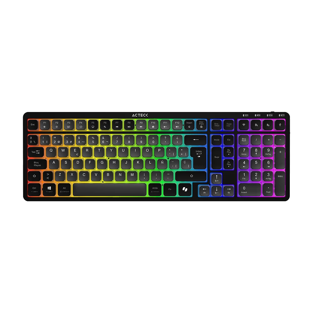 Teclado Multidispositivo Mecánico | Techno Pro TI790  | 2.4 MHz + 2 modos BT  | Tamaño 100% | Switch Morado + Teclas de Perfil Bajo + Teclas Multimedia + RGB |  Recargable  | Elite Negro