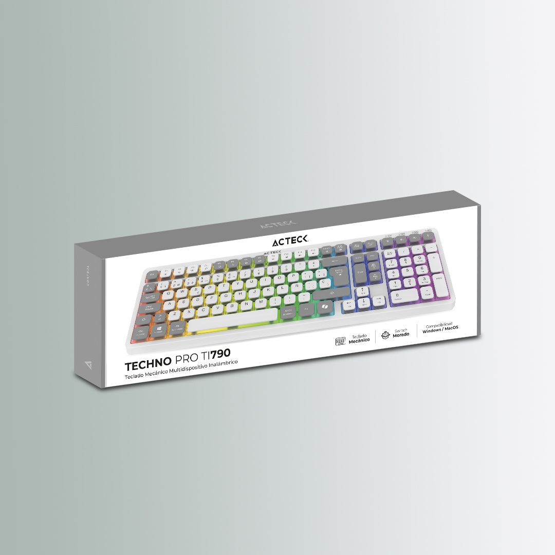 Teclado Multidispositivo Mecánico | Techno Pro TI790  | 2.4 MHz + 2 modos BT  | Tamaño 100% | Switch Morado + Teclas de Perfil Bajo + Teclas Multimedia + RGB |  Recargable  | Blanco