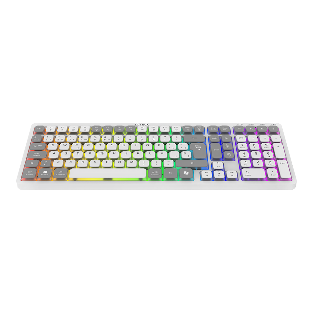 Teclado Multidispositivo Mecánico | Techno Pro TI790  | 2.4 MHz + 2 modos BT  | Tamaño 100% | Switch Morado + Teclas de Perfil Bajo + Teclas Multimedia + RGB |  Recargable  | Blanco