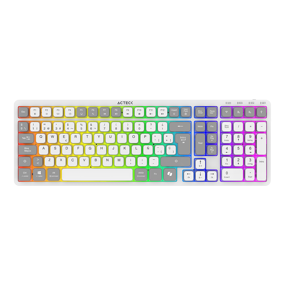 Teclado Multidispositivo Mecánico | Techno Pro TI790  | 2.4 MHz + 2 modos BT  | Tamaño 100% | Switch Morado + Teclas de Perfil Bajo + Teclas Multimedia + RGB |  Recargable  | Blanco