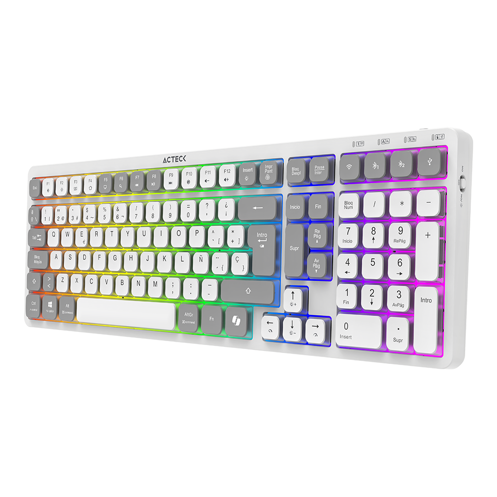 Teclado Multidispositivo Mecánico | Techno Pro TI790  | 2.4 MHz + 2 modos BT  | Tamaño 100% | Switch Morado + Teclas de Perfil Bajo + Teclas Multimedia + RGB |  Recargable  | Blanco