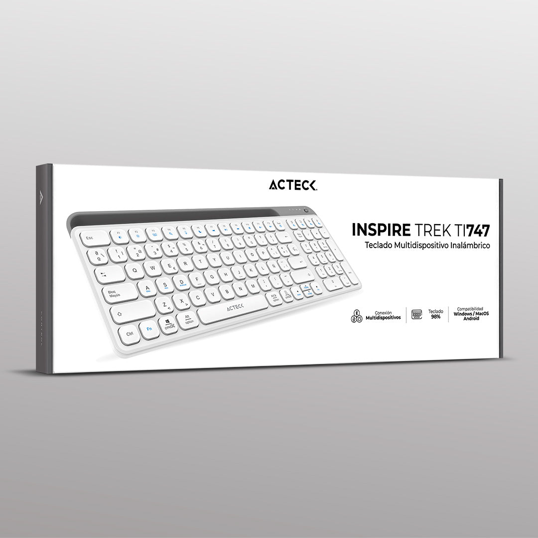 Teclado Multidispositivo | Inspire Trek TI747 | 2.4 MHz + 2 modos BT | Tamaño 98% | Teclas de Membrana Tipo Tijera + Perfil Delgado + Teclas Multimedia | Recargable  | Elite Blanco-Gris