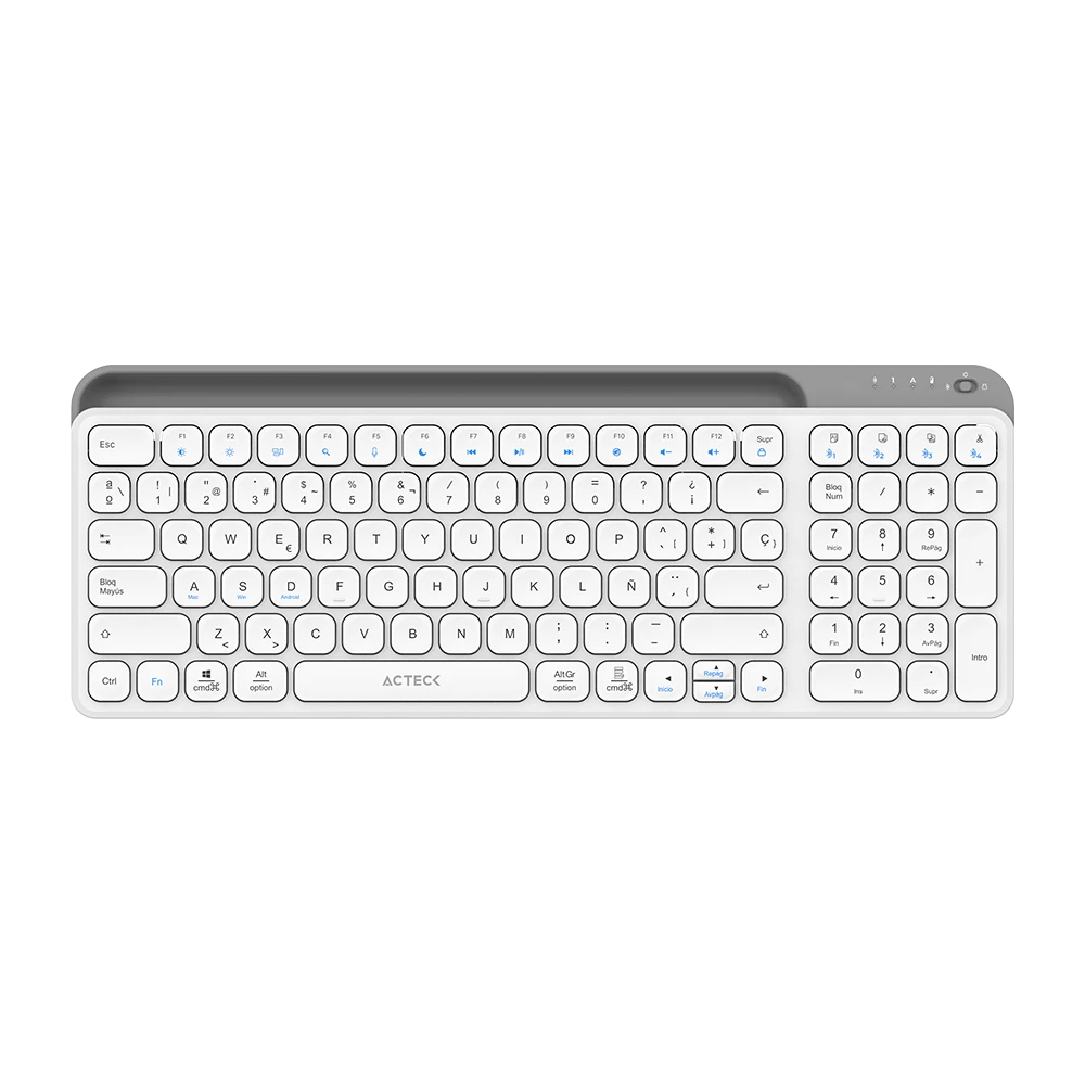 Teclado Multidispositivo | Inspire Trek TI747 | 2.4 MHz + 2 modos BT | Tamaño 98% | Teclas de Membrana Tipo Tijera + Perfil Delgado + Teclas Multimedia | Recargable  | Elite Blanco-Gris