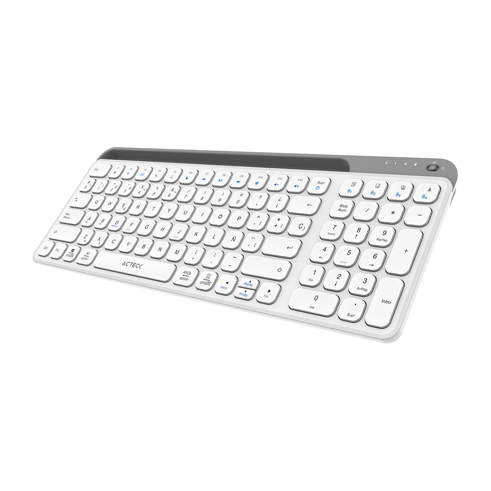 Teclado Multidispositivo | Inspire Trek TI747 | 2.4 MHz + 2 modos BT | Tamaño 98% | Teclas de Membrana Tipo Tijera + Perfil Delgado + Teclas Multimedia | Recargable  | Elite Blanco-Gris