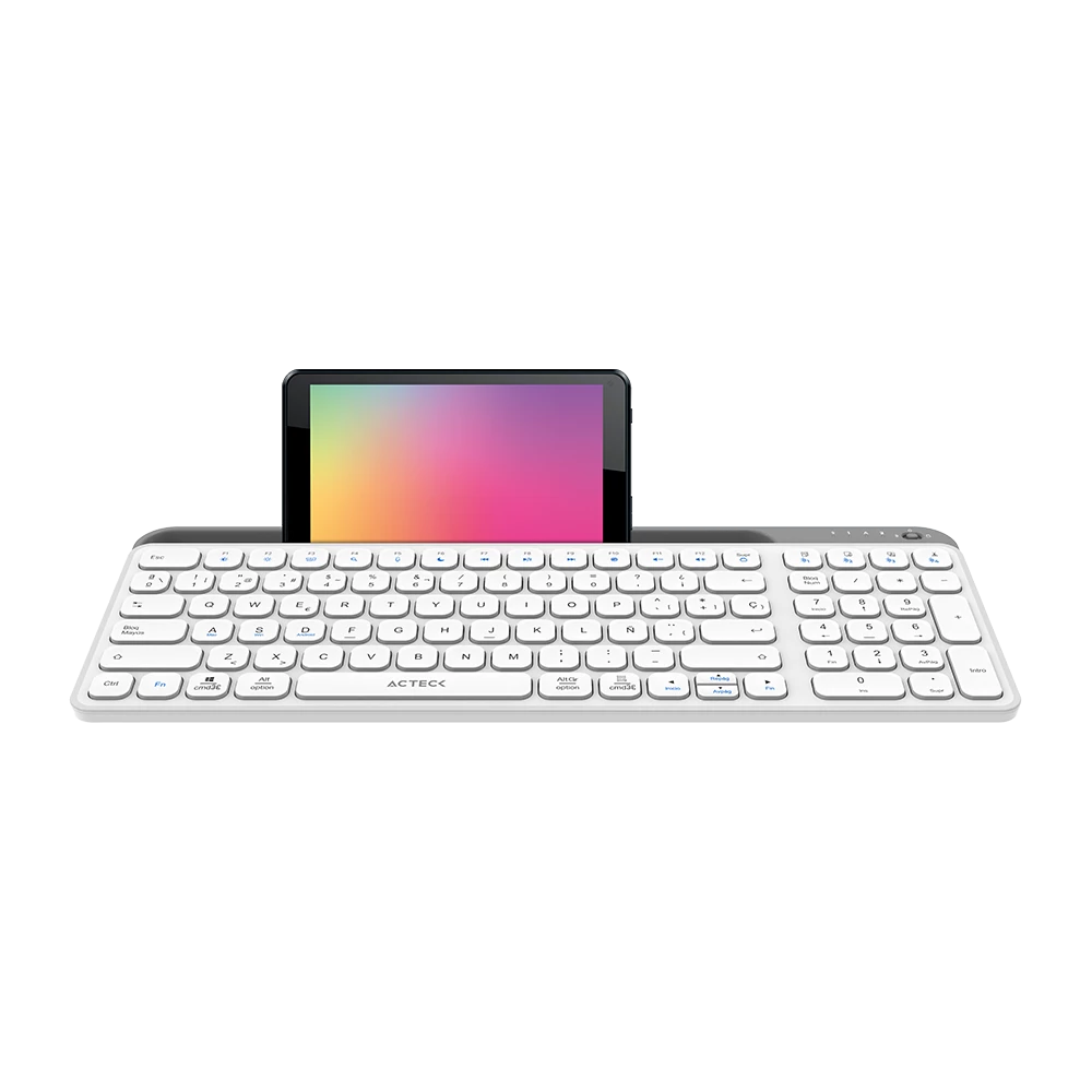 Teclado Multidispositivo | Inspire Trek TI747 | 2.4 MHz + 2 modos BT | Tamaño 98% | Teclas de Membrana Tipo Tijera + Perfil Delgado + Teclas Multimedia | Recargable  | Elite Blanco-Gris