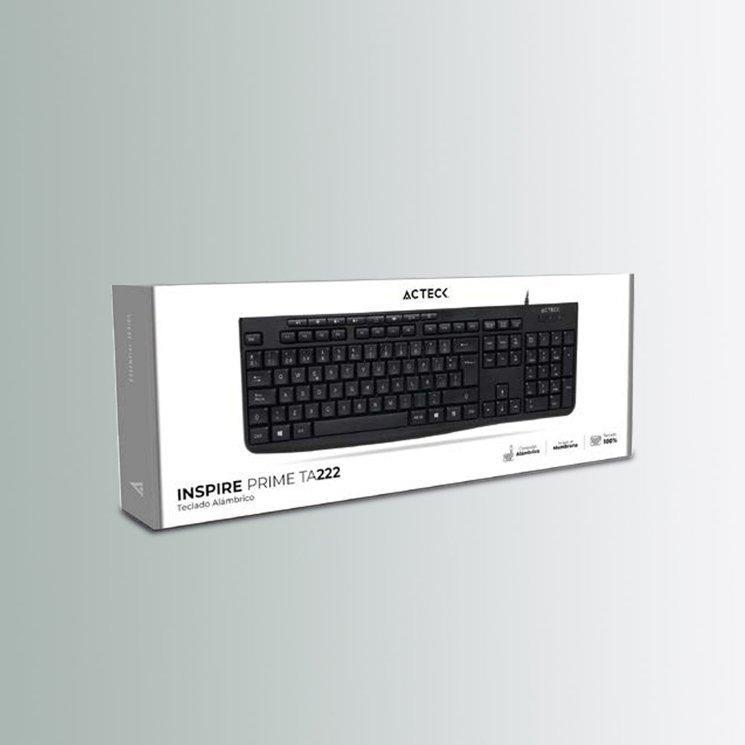 Teclado Clásico Alámbrico | Inspire Prime TA222 | USB 2.0 | 100% + Teclas de Membrana | 1.5 mts cable | Essential | Negro