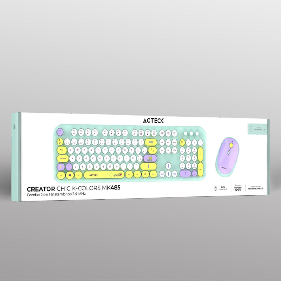 Combo 2 en 1 Inalámbrico | Creator Chic K- Colors MK485 | Teclado + Mouse | 2.4 MHz | 100% + Diseño Vanguardista + Teclas de Membrana | 1xAA + 1xAA | Advanced | Tiffany