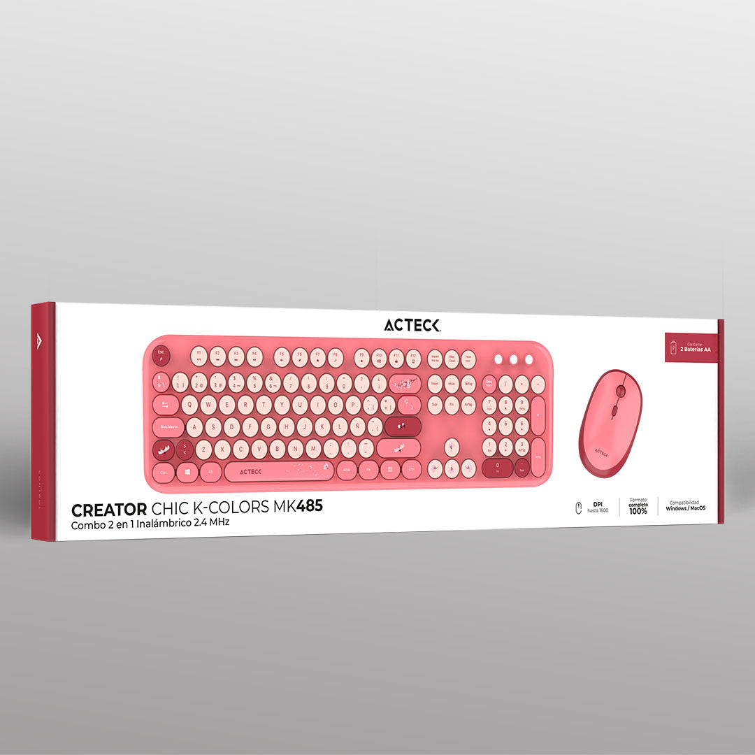 Combo 2 en 1 Inalámbrico | Creator Chic K- Colors MK485 | Teclado + Mouse | 2.4 MHz | 100% + Diseño Vanguardista + Teclas de Membrana | 1xAA + 1xAA | Advanced | Rojo