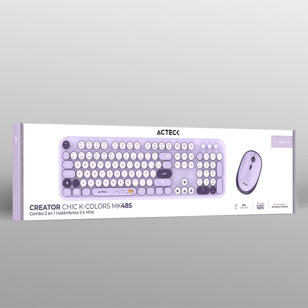 Combo 2 en 1 Inalámbrico | Creator Chic K- Colors MK485 | Teclado + Mouse | 2.4 MHz | 100% + Diseño Vanguardista + Teclas de Membrana | 1xAA + 1xAA | Advanced | Violeta