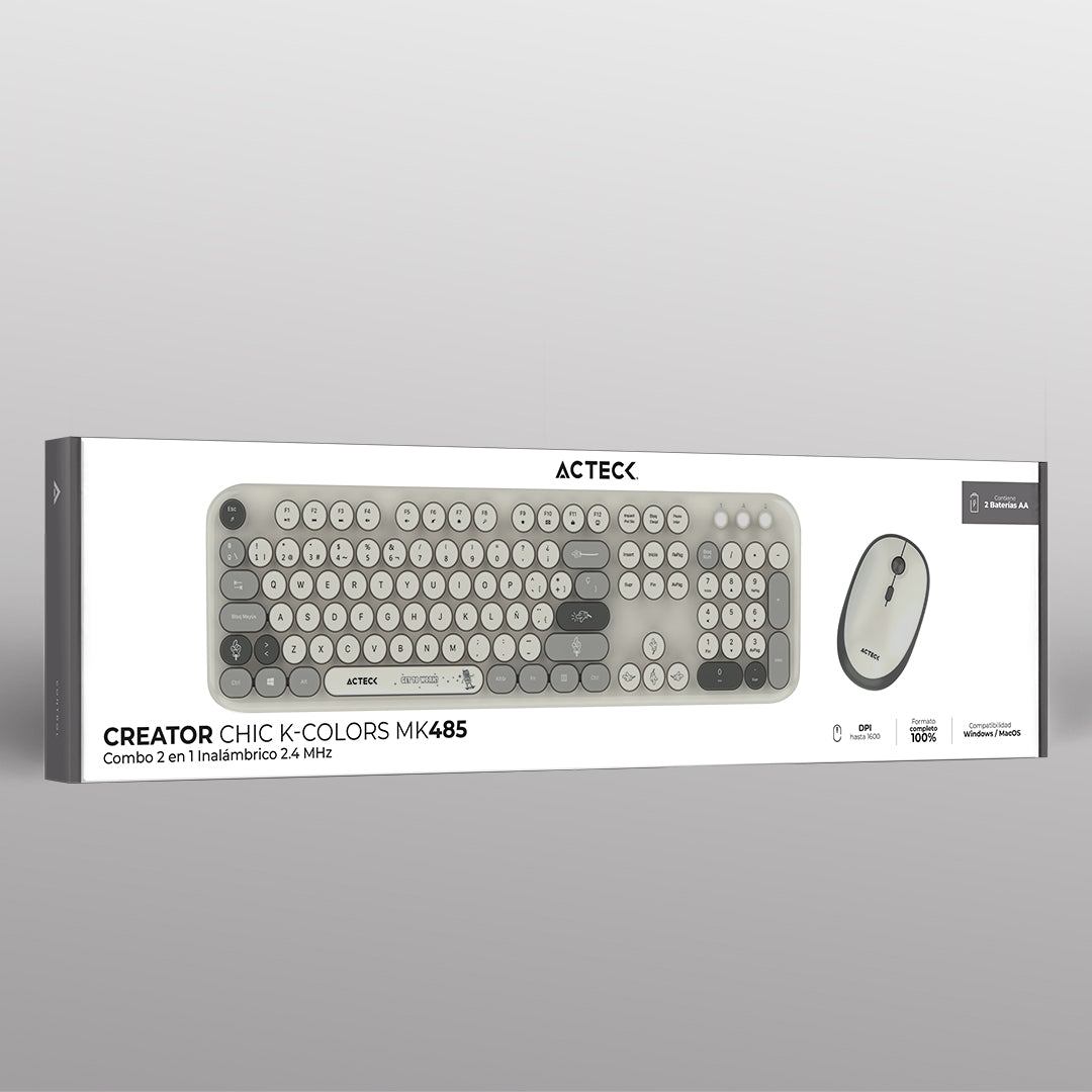 Combo 2 en 1 Inalámbrico | Creator Chic K- Colors MK485 | Teclado + Mouse | 2.4 MHz | 100% + Diseño Vanguardista + Teclas de Membrana | 1xAA + 1xAA | Advanced | Gris