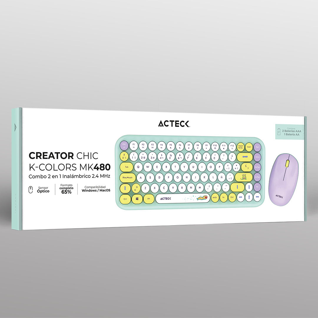 Combo 2 en 1 Inalámbrico | Creator Chic K- Colors MK480 | Teclado + Mouse | 2.4 MHz | 65% + Diseño Vanguardista + Teclas de Membrana | 1xAA + 1xAA | Advanced | Tiffany