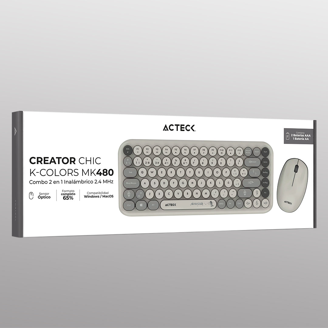 Combo 2 en 1 Inalámbrico | Creator Chic K- Colors MK480 | Teclado + Mouse | 2.4 MHz | 65% + Diseño Vanguardista + Teclas de Membrana | 1xAA + 1xAA | Advanced | Gris