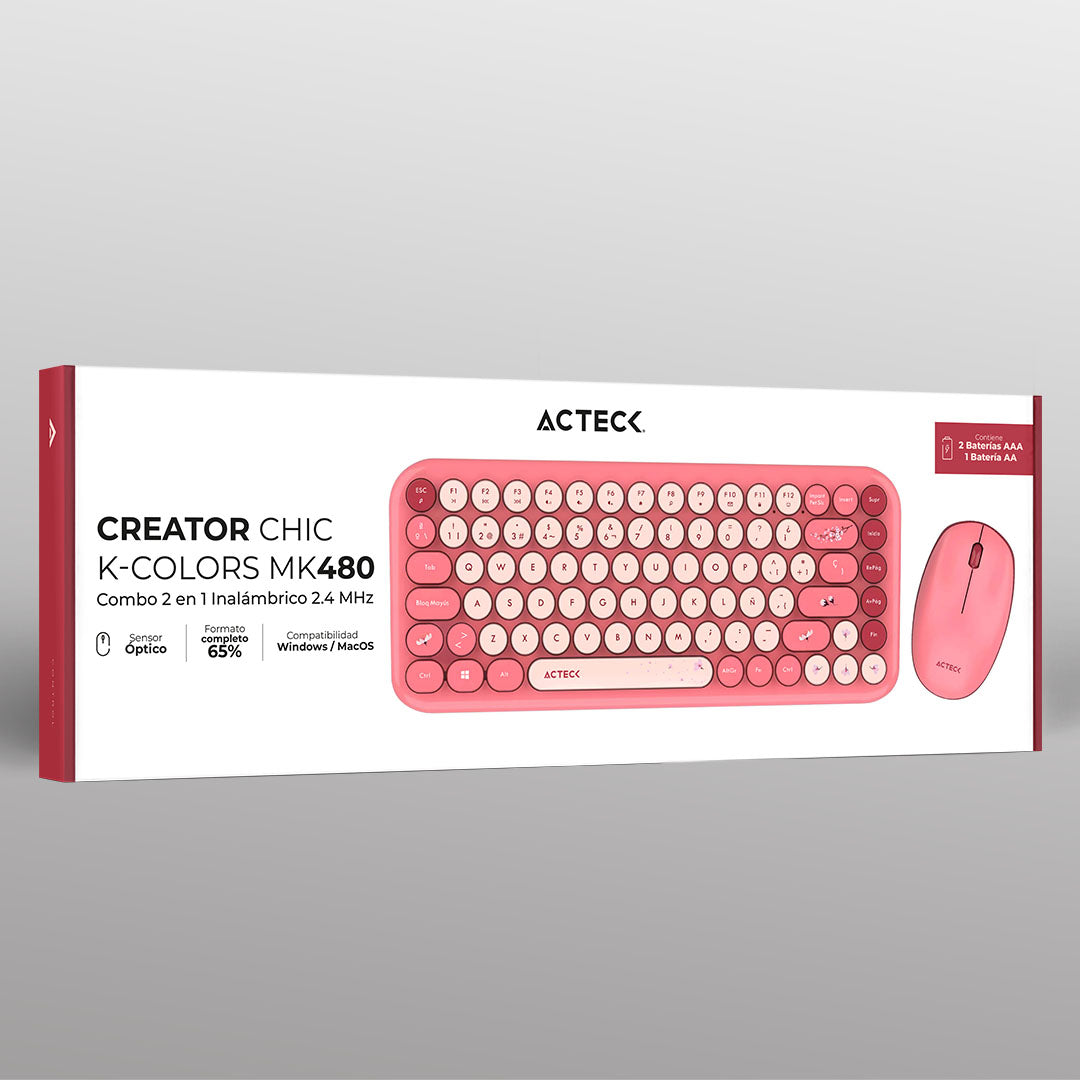 Combo 2 en 1 Inalámbrico | Creator Chic K- Colors MK480 | Teclado + Mouse | 2.4 MHz | 65% + Diseño Vanguardista + Teclas de Membrana | 1xAA + 1xAA | Advanced | Rojo