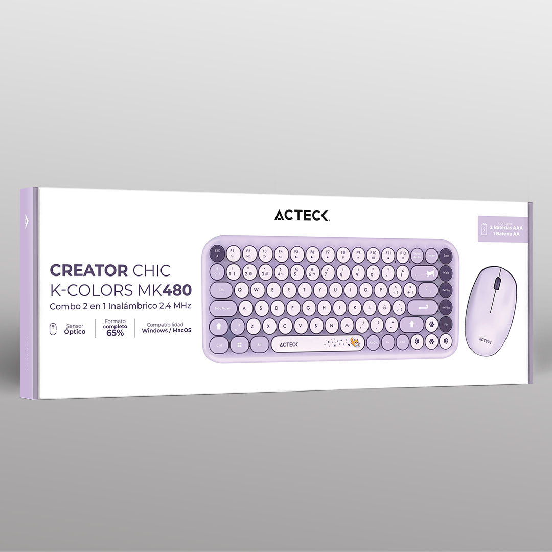 Combo 2 en 1 Inalámbrico | Creator Chic K- Colors MK480 | Teclado + Mouse | 2.4 MHz | 65% + Diseño Vanguardista + Teclas de Membrana | 1xAA + 1xAA | Advanced | Violeta