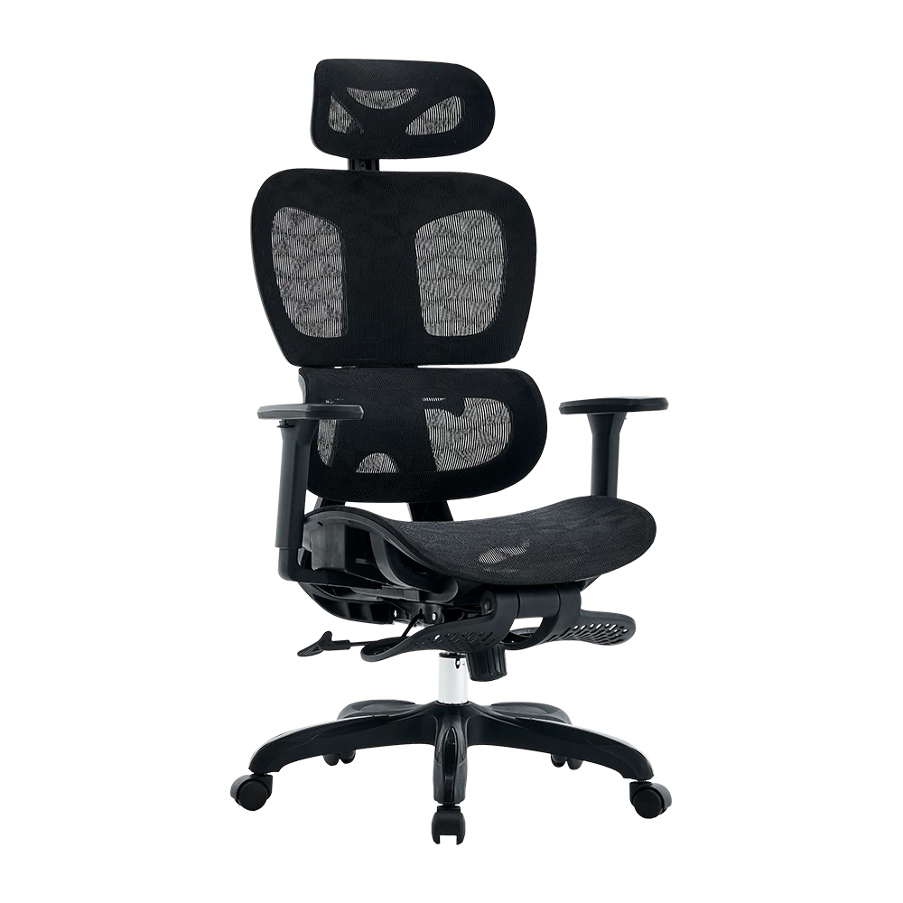 Silla de Oficina Ergonómica | Flux Pro EC757 | Malla + PP + Nylon | Pistón Clase 4 + Soporta hasta 136 Kg + Mecanismo Mecánico + 135° | Reposabrazos 3D + Reposapiés | Elite | Negro