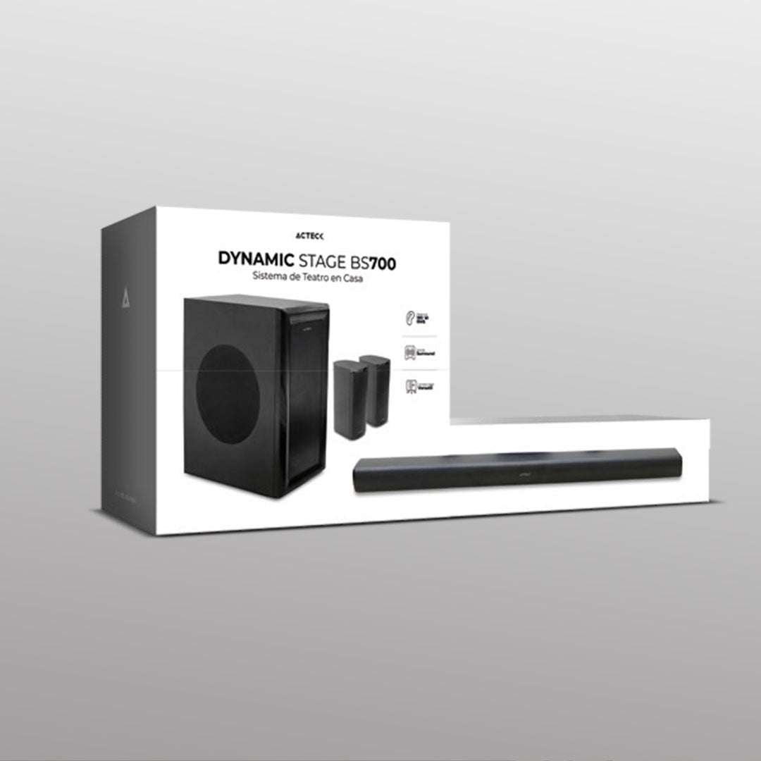 Sistema de Teatro en Casa | Dynamic Stage BS700 | Bluetooth 5.3 + HDMI ARC + Óptico + USB + 3.5 mm | Satélites traseros Inalámbrico + Subwoofer | 5.1 Dolby | 180 W | Control Remoto | Elite | Negro